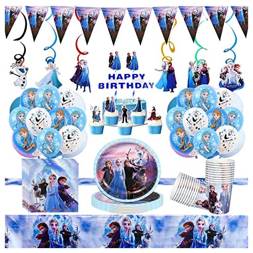Newtic Fiesta De Frozen Decoracion Vajilla 81Pcs Vajilla De Fiesta De Cumpleaños Frozen Incluye Platos,Toallas De Papel,Manteles,Vasos De Papel,Decoraciones para Pasteles, Banderín, Globos