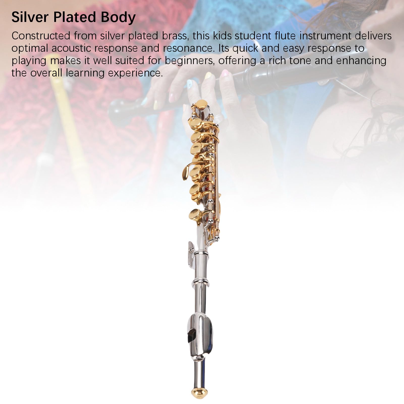 Flauta de Orificio Cerrado C Kit de Flautas de 16 Teclas, Instrumento para Estudiantes Color Plateado Cuerpo de Cobre Blanco Llave Dorada Estudiante C para Práctica y Desempeño para