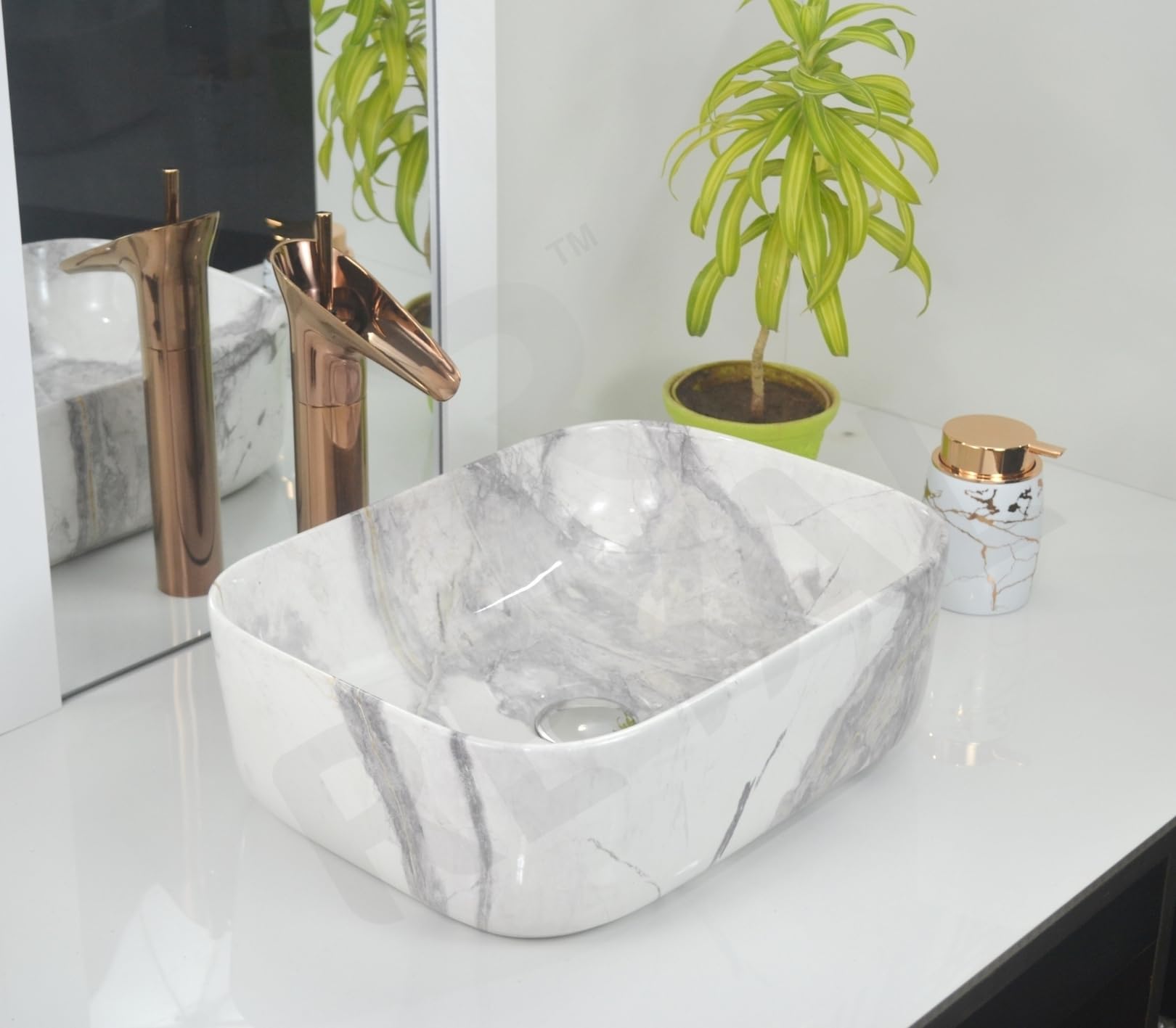 Reyal Marble Wash Basin - Ivory Gold Vessel Sink -19