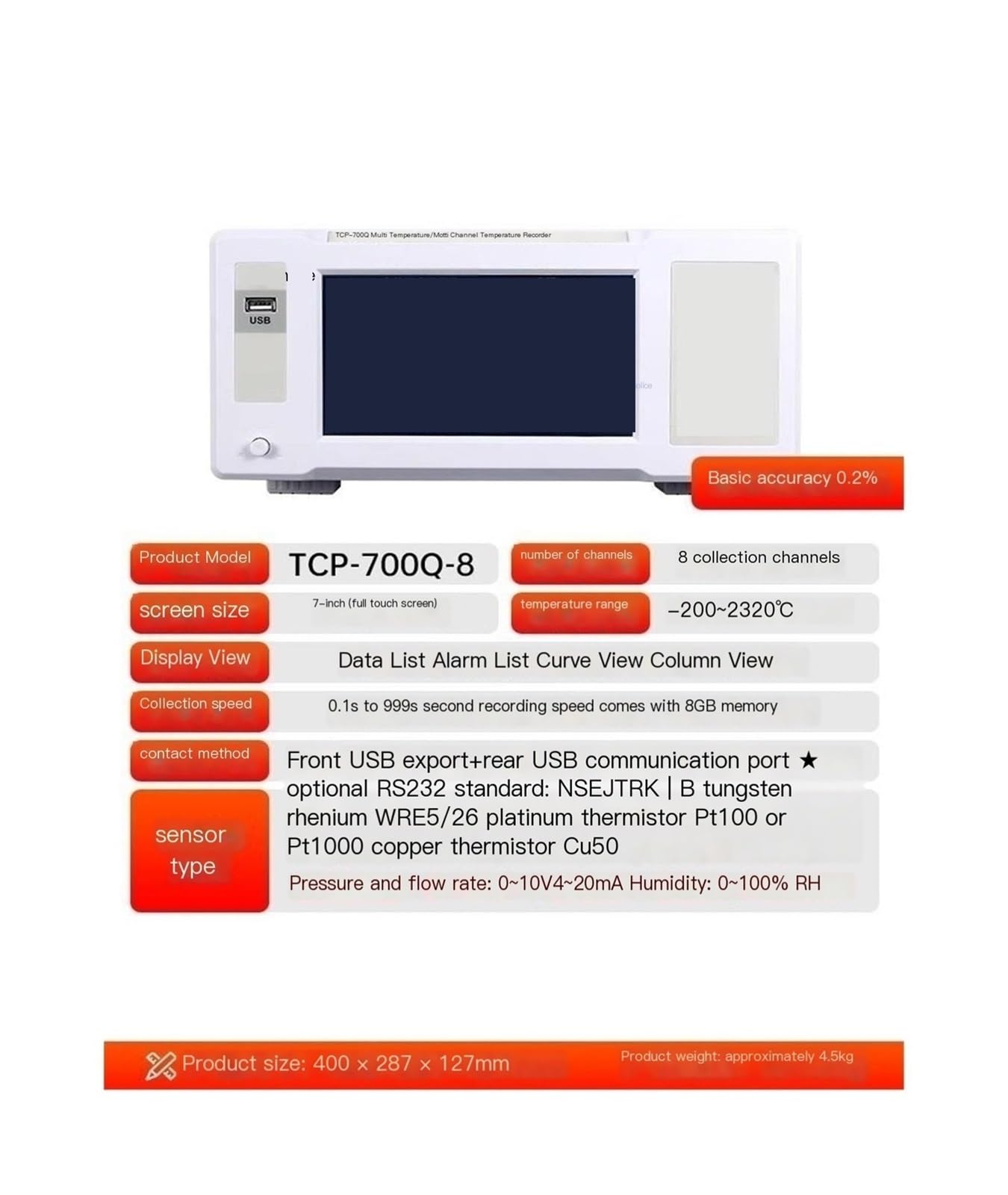 Probador de temperatura multiparámetro de 8 canales 700Q, pantalla táctil de 7", compatible con PT100, admite presión y humedad
