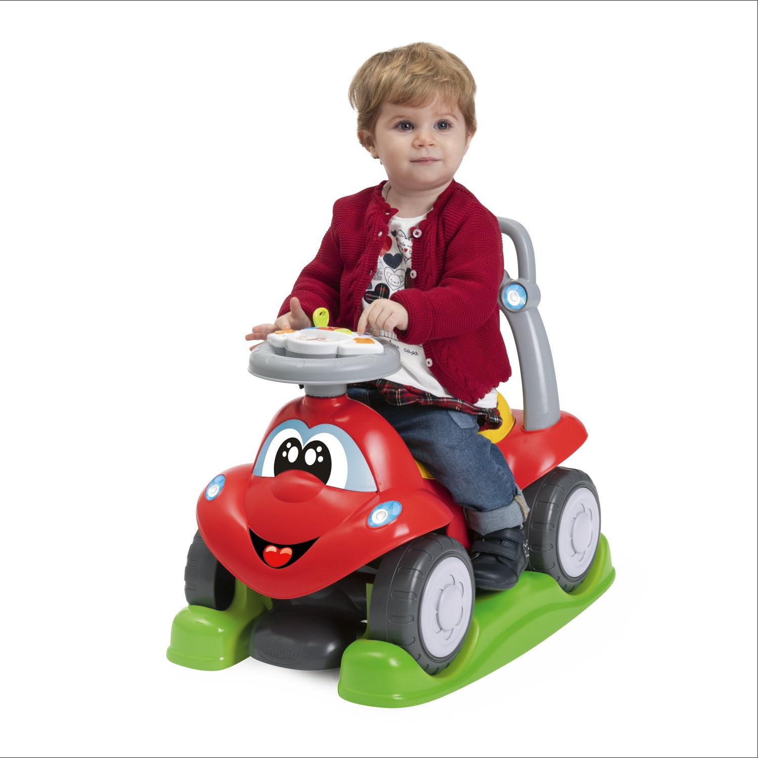 Chicco Billy Quattro, Gioco 4in1 Evolutivo,Cavalcabile,Primipassi,Dondolo,Spingi&Vai,Volante Elettronico con Luci e Suoni, Made in Italy,Plastica Riciclata 80%,Giochi Bambini 9-36 Mesi, Red, Rosso