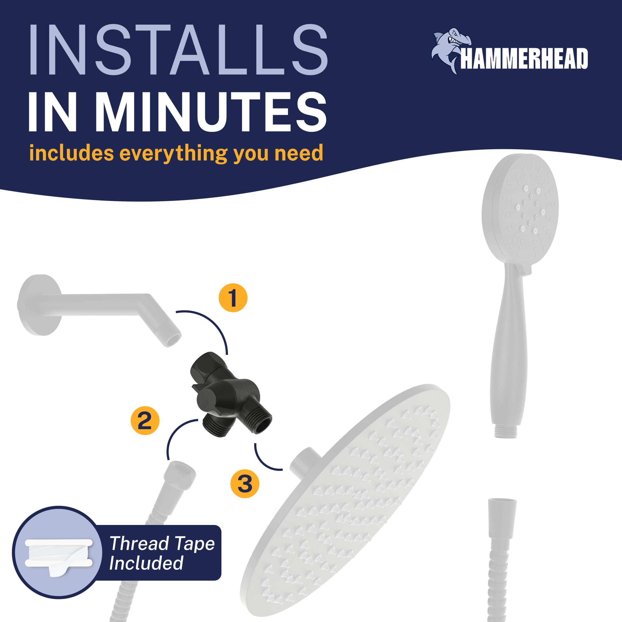 HammerHead Showers® Válvula desviadora de ducha de 3 vías, desviador de brazo de ducha que se conecta fijo y de mano al brazo de ducha, desviador de ducha para cabezal de ducha doble, divisor de ducha