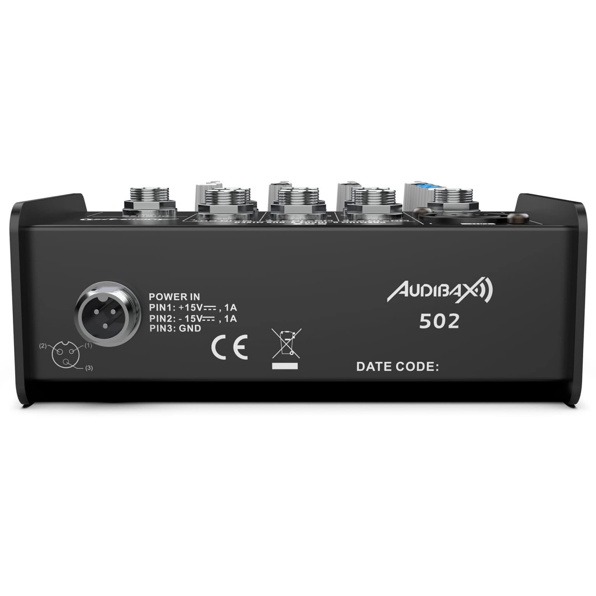Audibax 502 - Console di Missaggio Audio - Mixer Audio a 5 Canali - Ingresso Microfono - 2 Ingressi Jack Stereo - Equalizzatore a 2 Bande - Alimentazione Phantom 48 V