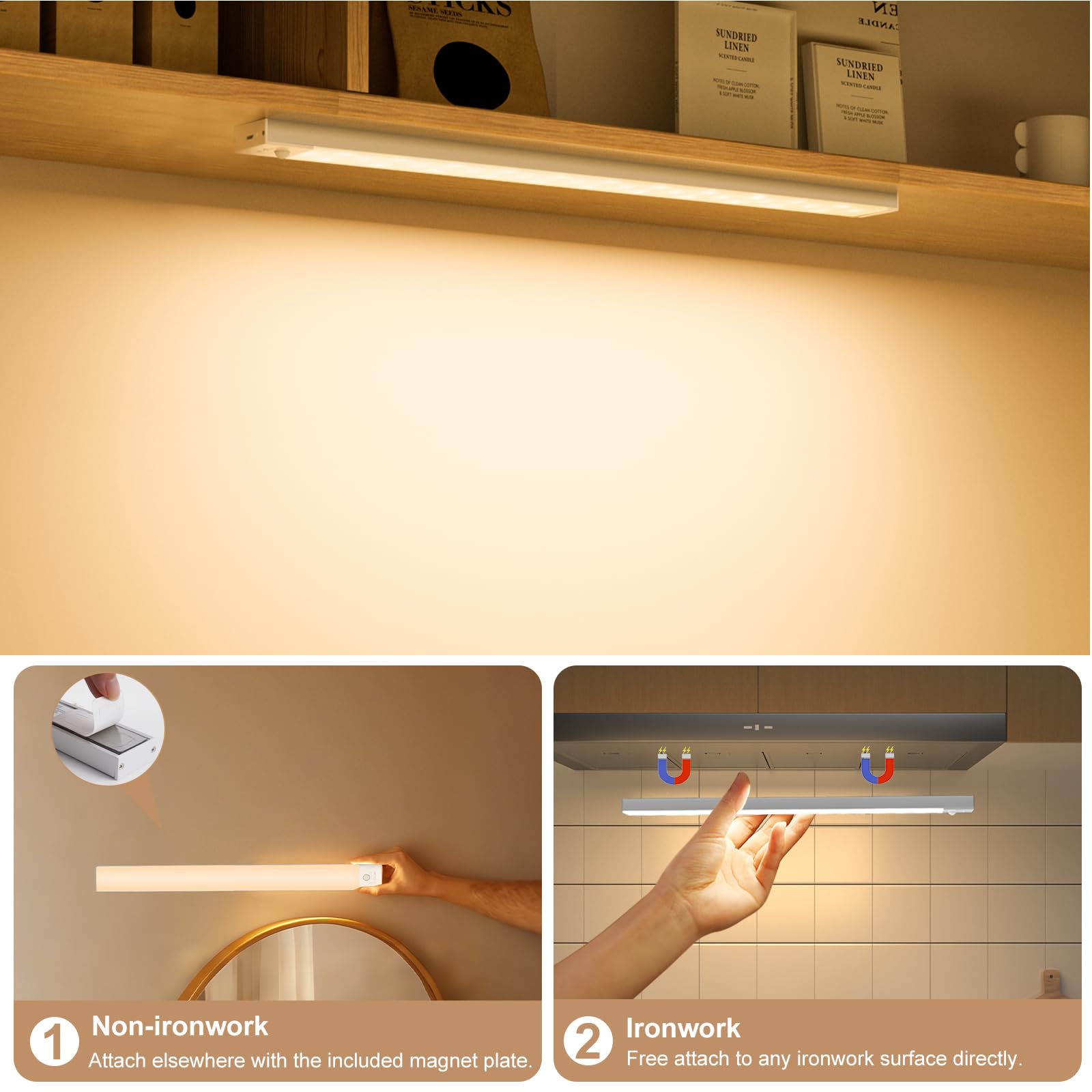 OUILA Illuminazione per armadio a LED con sensore di movimento, 2 pezzi, 43,5 cm, 3 colori