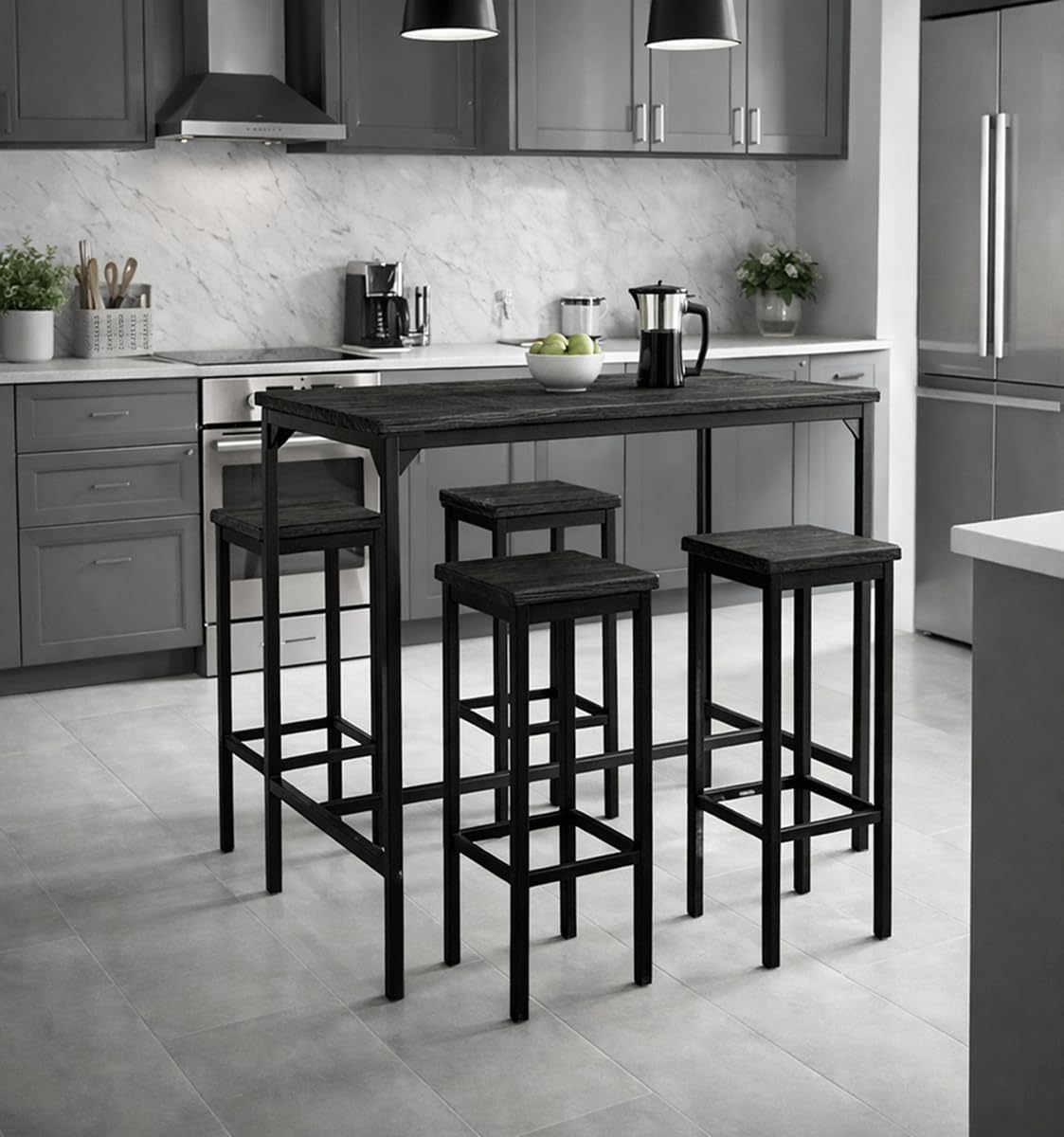yelloo - Set tavolo Alto e spazioso con 4 sgabelli bar per Cucina, tavolo da cucina, adatto da interno o esterno solo sotto gazebo tenda terrazza (PARIS 110x66 cm Nero)