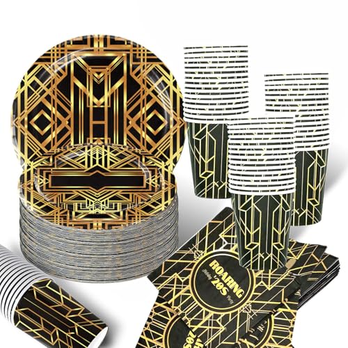 Set di 48 piatti e bicchieri di carta anni '20 per 16 ospiti, colore nero e oro, Great Gatsby, decorazione da tavolo per anni '20, per feste di compleanno, matrimonio