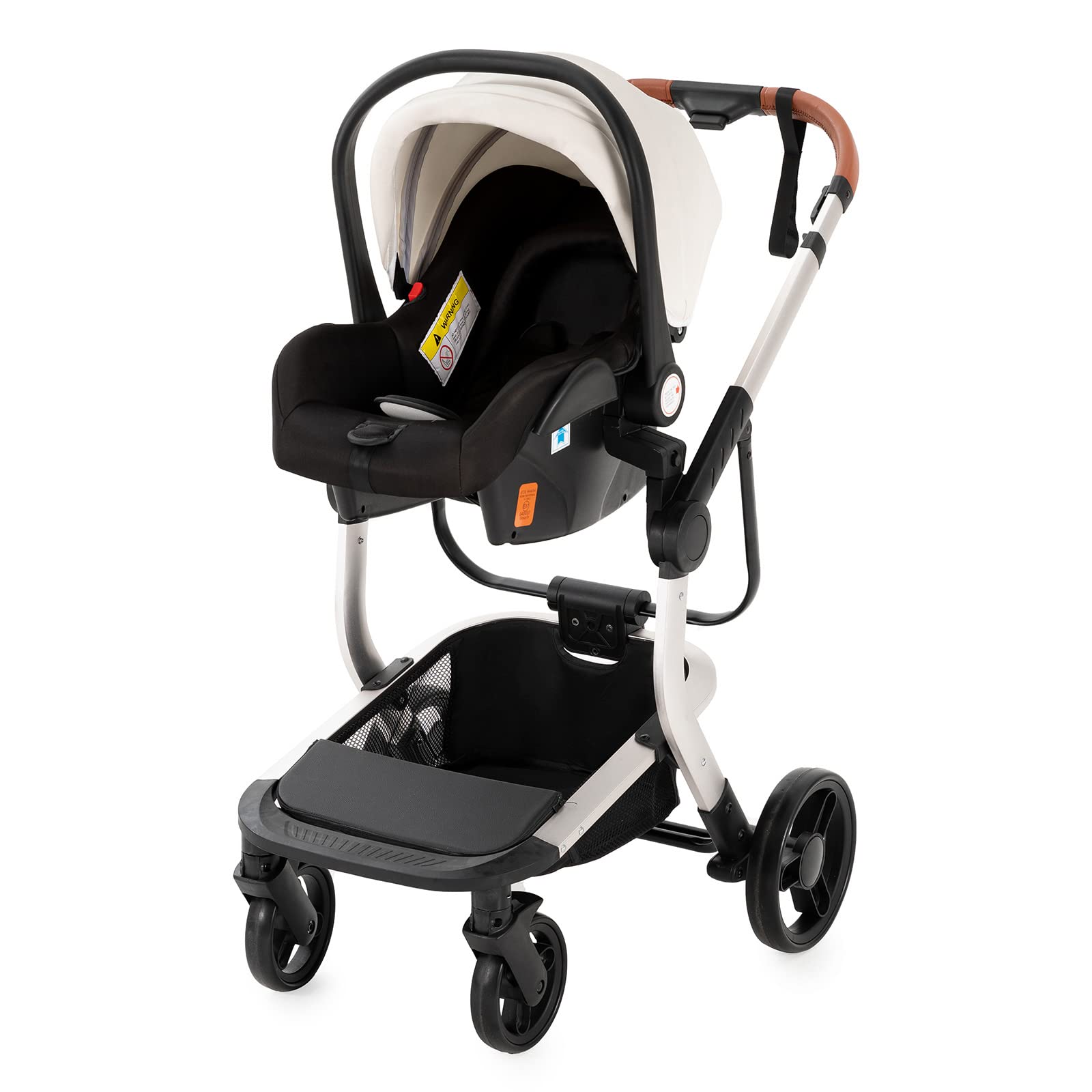 PU-Leder Kinderwagen 3 in 1, Aluminium Kombikinderwagen, Faltbarer Babywagen Set (518 White)