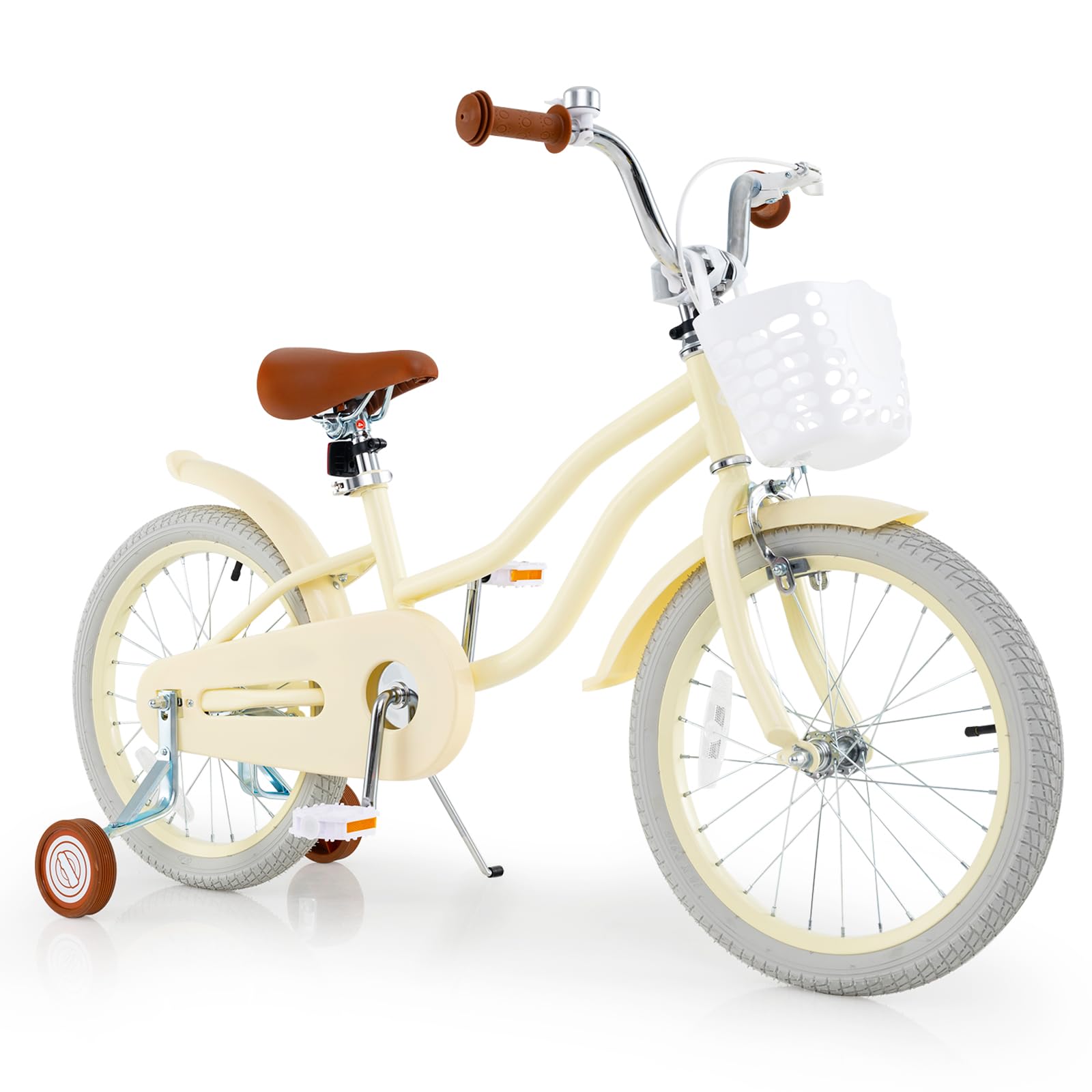 COSTWAY 18-inch kids' bike in yellow with training wheels, basket, and kickstand | Mubboo