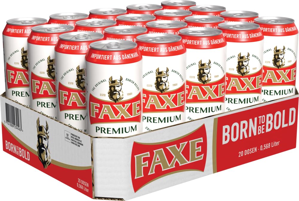 FAXE PREMIUM - 5% Vollmalz Lagerbier (20x568ML) - Erfrischendes Lagerbier mit 5% vol. Dänisches Bier mit ausgewogenem Geschmack. Mildes Dosenbier, ideal für Alltag, Ausflüge & gesellige Runden