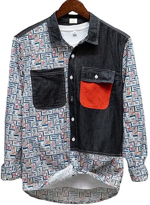 Amazon Co Jp セカンドルーツ デニム シャツ 長袖 カジュアル プリント パッチワーク かっこいい トップス メンズ M 2xl ファッション