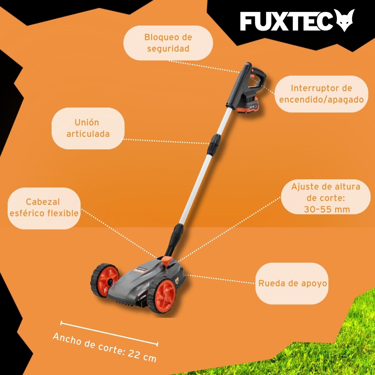 FUXTEC FX-E1RMEH20-SET Cortacésped Inalámbrico Compacto 20 V con Batería y Cargador, Corte de 22 cm, Ideal para Jardines Pequeños
