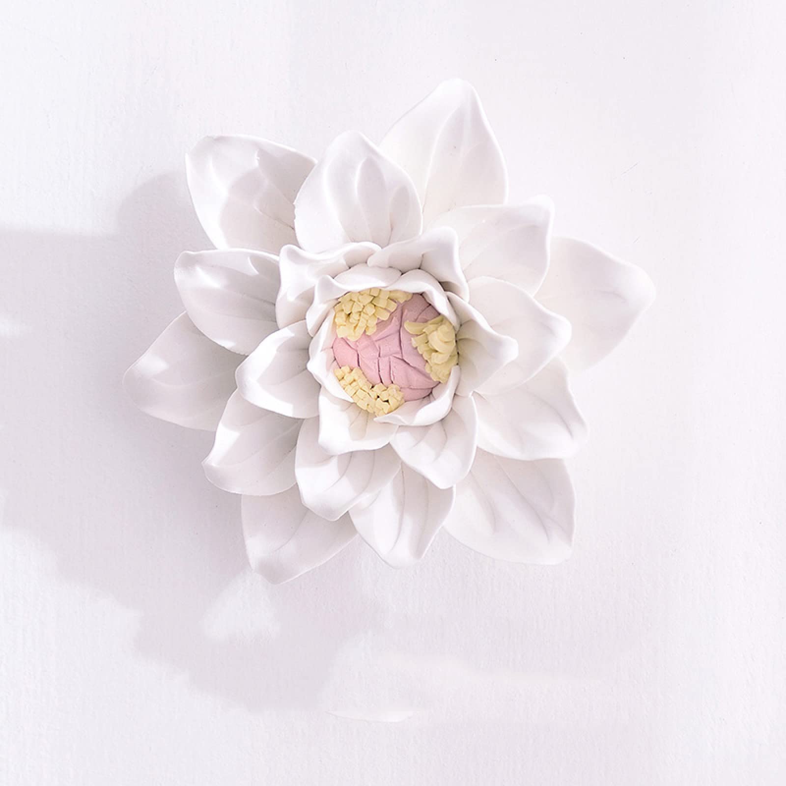 KJOLWHCQ Elegant Artificial Handcrafted Ceramic White Lotus Magnolia Flower Sculpture 3D Wall Art Decor Home Office Wedding Gift(4.7 inch/12cm)