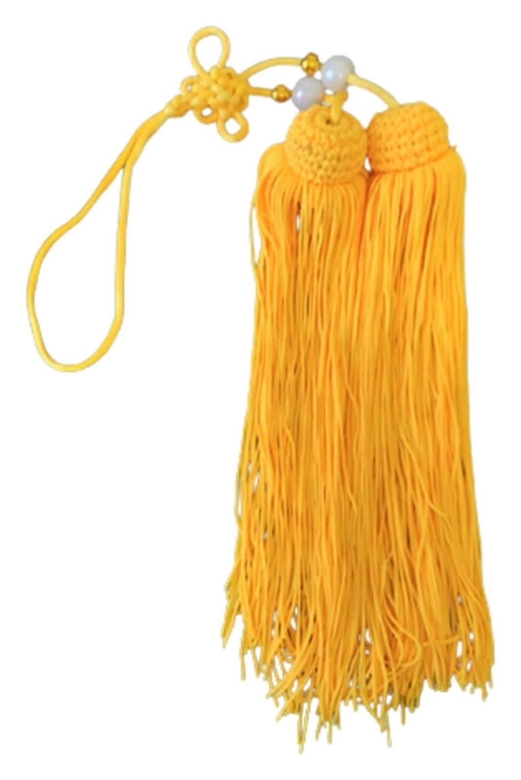 tassels, With Thin Strands and White or Transparent Beads Tai Chi Martial Arts Sword Spike Fringe Chinese Tassel(Yellow)