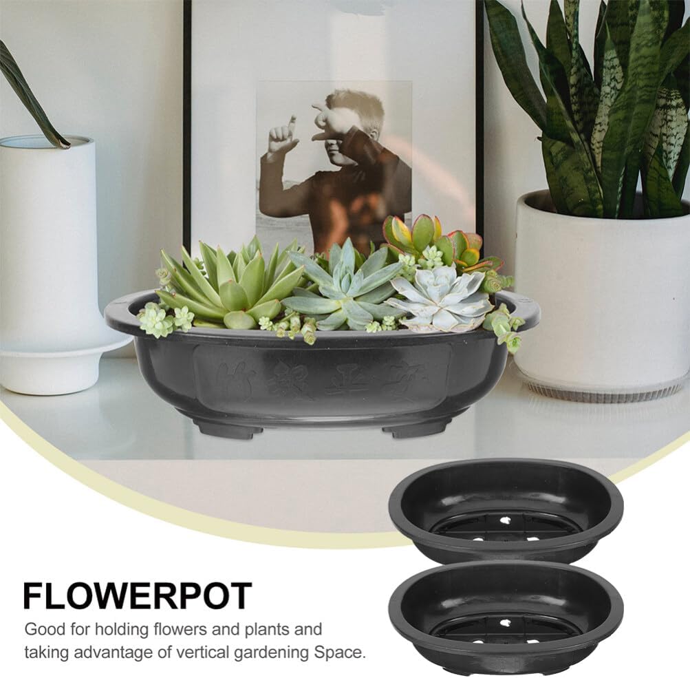 Milisten Plastic Flower Pots - 2Pcs Oval Bonsai Training Pots with Drainage for Indoor Outdoor Gardening Ideal Succulent Planters and Home Decor - Black
