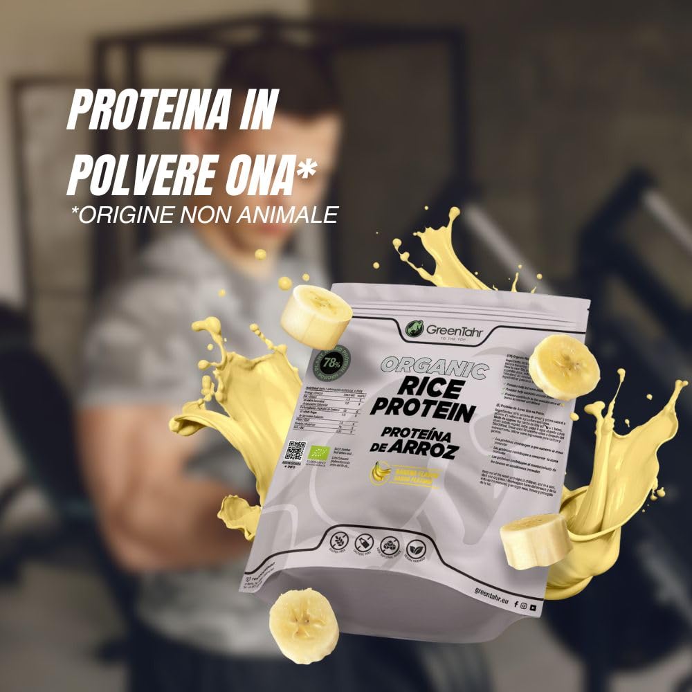 Green Tahr Proteine di Riso in Polvere Vegane Bio Gusto Banana 750g. 78% Proteine Vegetali per Massa Muscolare, Senza Zucchero, Edulcoranti, Lattosio né Glutine