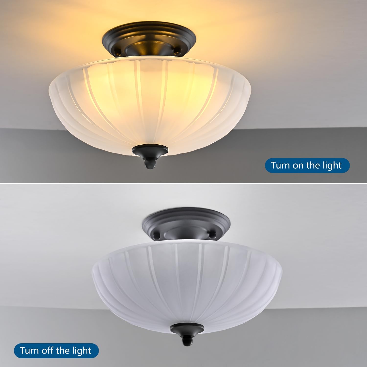 HuixuTe Modern Semi Flush Mount Ceiling Light, 3-Light Black Close to Ceiling Light Fixture with Frosted Glass Shade for Living Room Entryway Bedroom