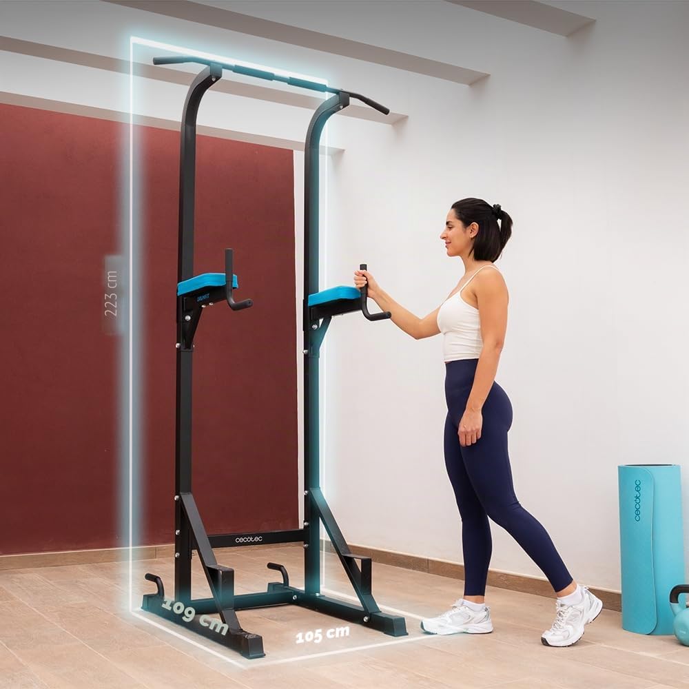 Cecotec Sbarra Trazioni per Dips Drumfit Pullups 4000. Torre Multistazione di Muscolazione, Rack di Dominate e Sfondi Imbottito con Impugnature Antiscivolo, Altezza Regolabile, Peso Massimo 150 Kg