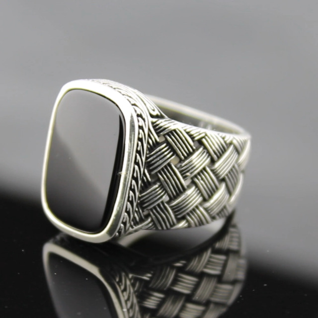 Solid 925 Sterling Silver Onyx Braided Luxury Ring for men (8