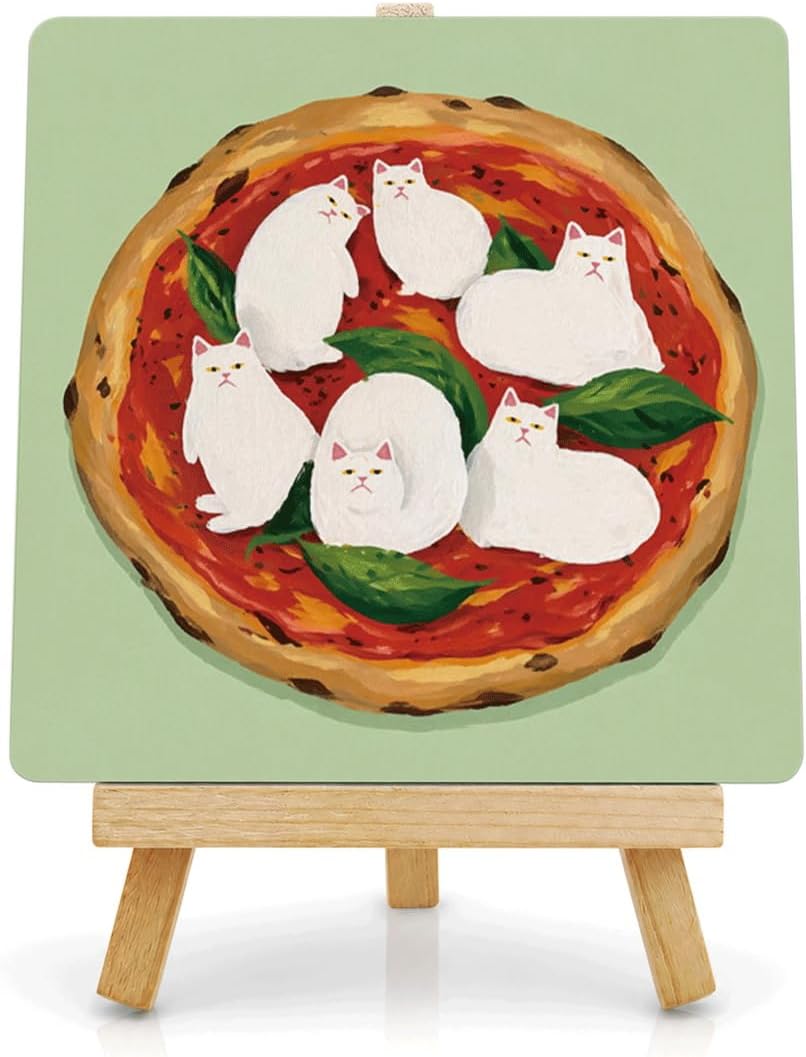 Pizza Cat Wooden Tabletop Sign, Home Desk Decor, White Cats Pizza Painting Small Art Plaque with Tabletop Easel, Kitchen Office Shelf Decor, Gift for Cat Lovers
