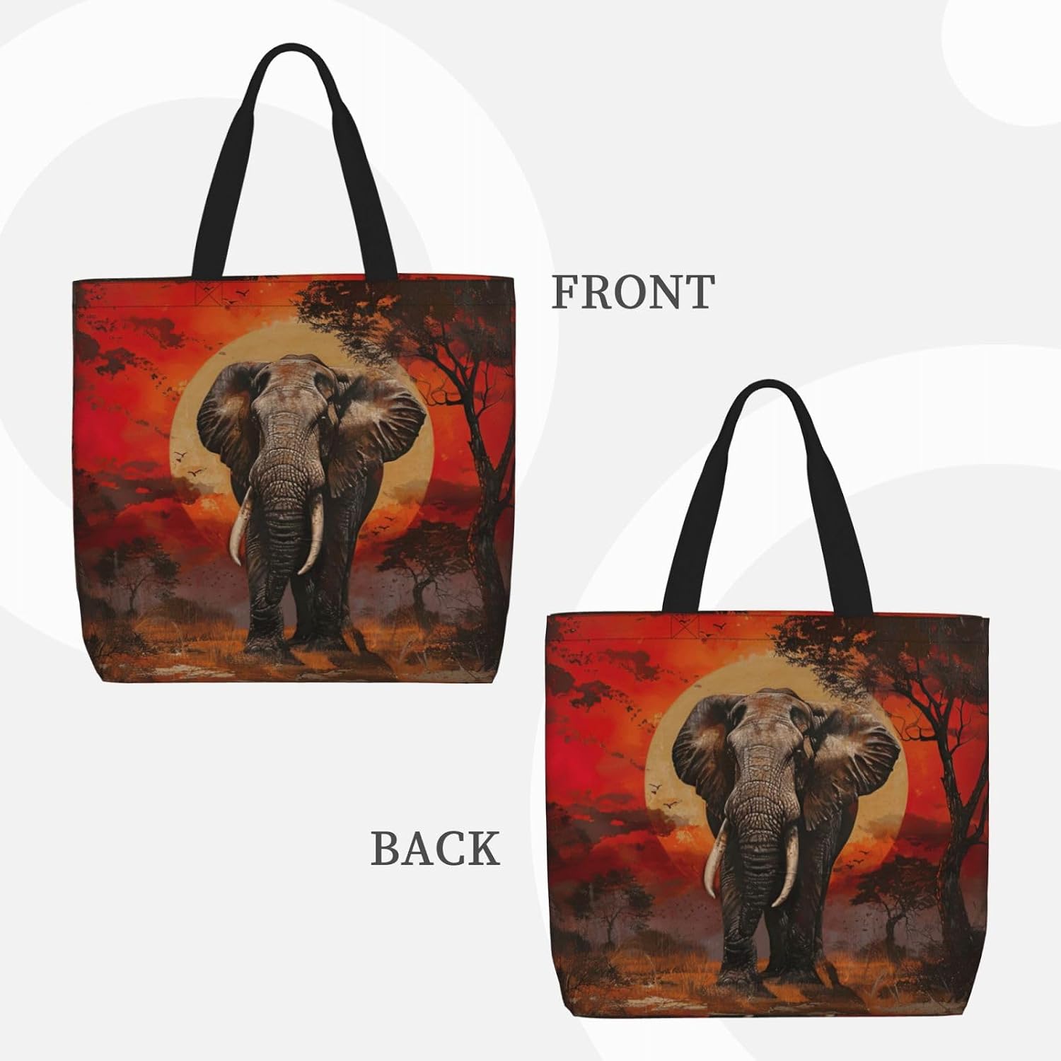 Elephant Sunset Print Eco-Friendly Tote Lightweight Grocery Bag Daily Commuting Travel Beach Gym Use
