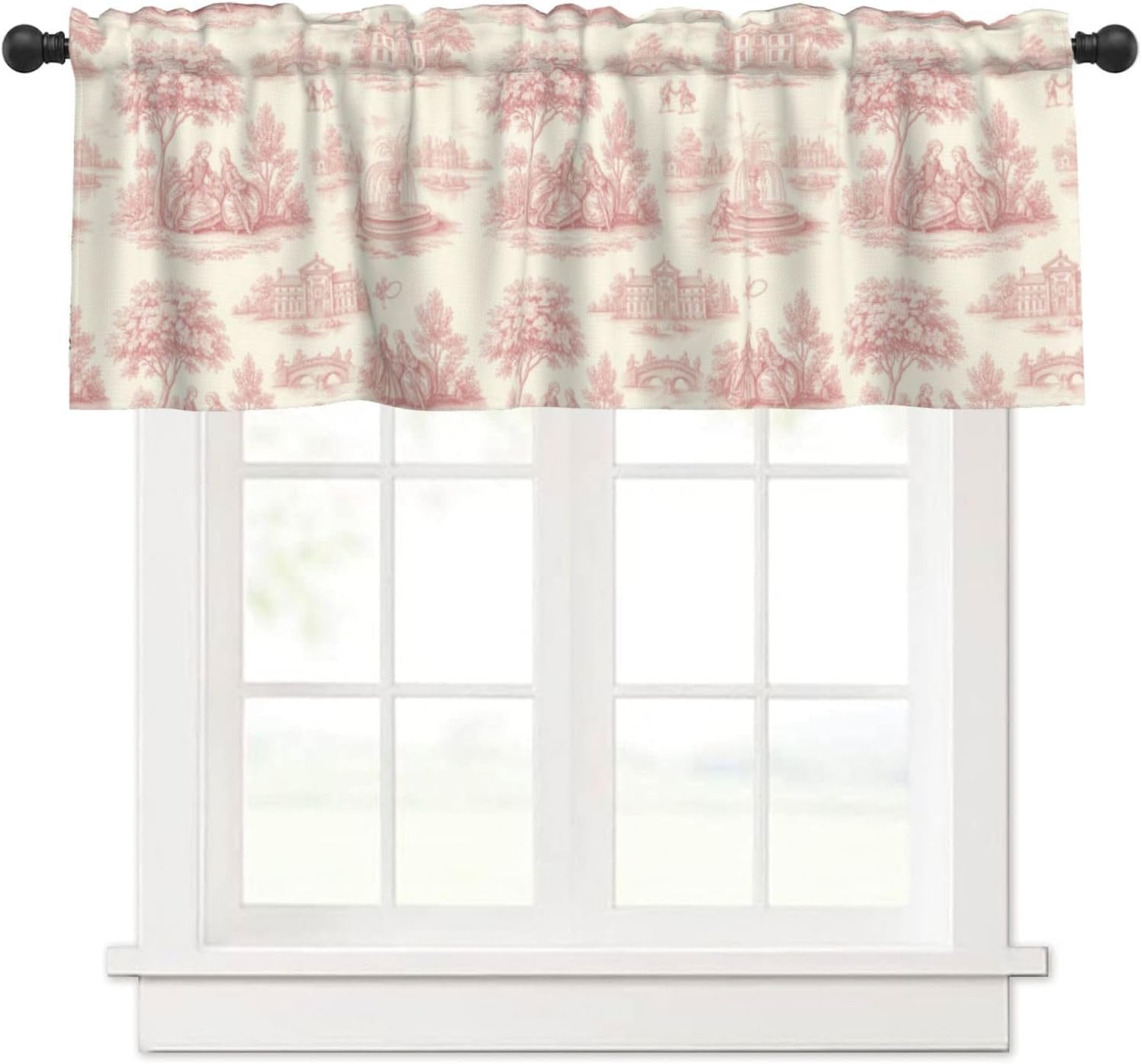 Valances for Windows Vintage Pink Toile Print Rod Pocket Kitchen Curtain Valances, Light Filtering Short Window Valance Curtains Topper for Bathroom Laundry Room, 54x18 Inch, 1 Panel