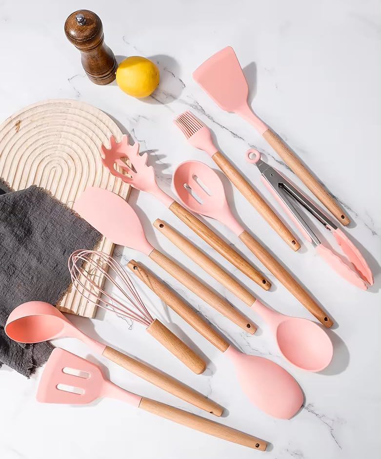 GlowArk 12-Piece Silicone Kitchen Utensil Set: Heat resistant up to 446°F. Includes Turner, Tongs, Spatula, Spoon, Brush, Whisk, Wooden Handles, Holder for Nonstick Cookware. (Light Pink)