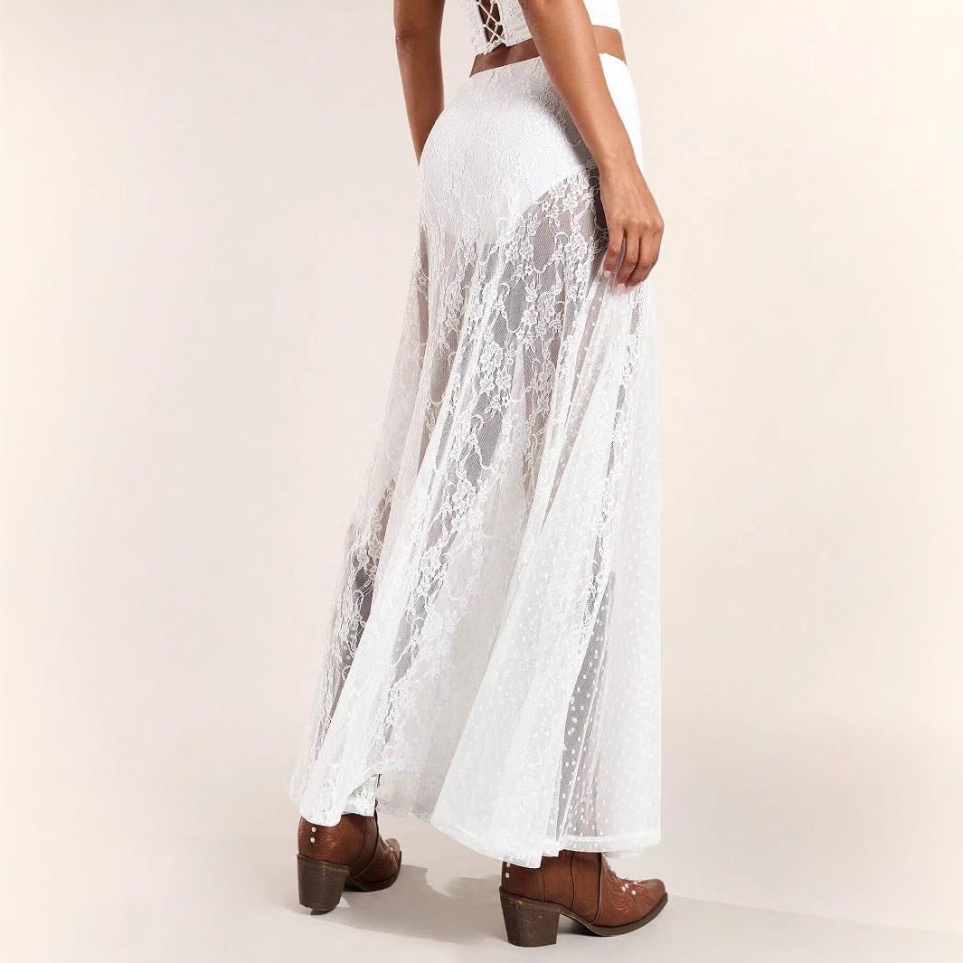 Women's Lace Maxi Skirt Embroidery Floral Sheer Flowy Boho Lace Long Skirts