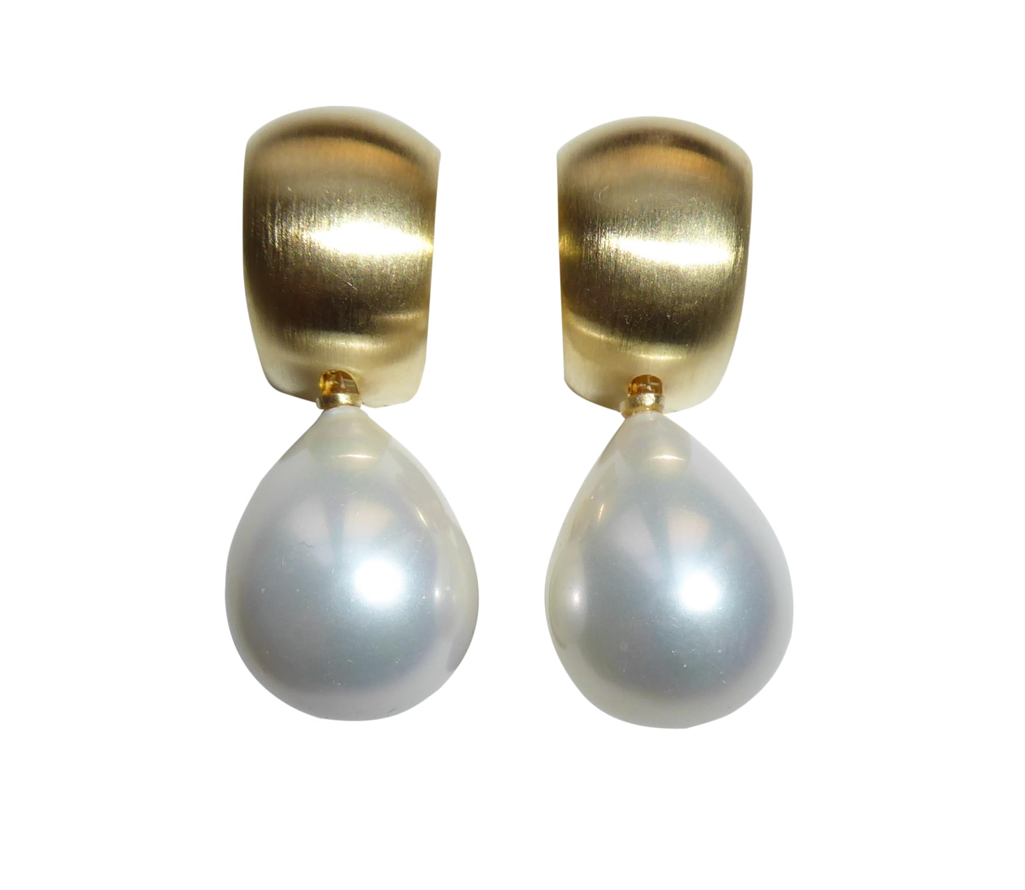 Ohr-Clips Creole Perlen-Clips Sterling-Silber gold-plattiert 585-er Anhänger Muschelkern-Perle tropfenförmig weiß 12 mm Luxus Goldschmiede-Arbeit Geschenk