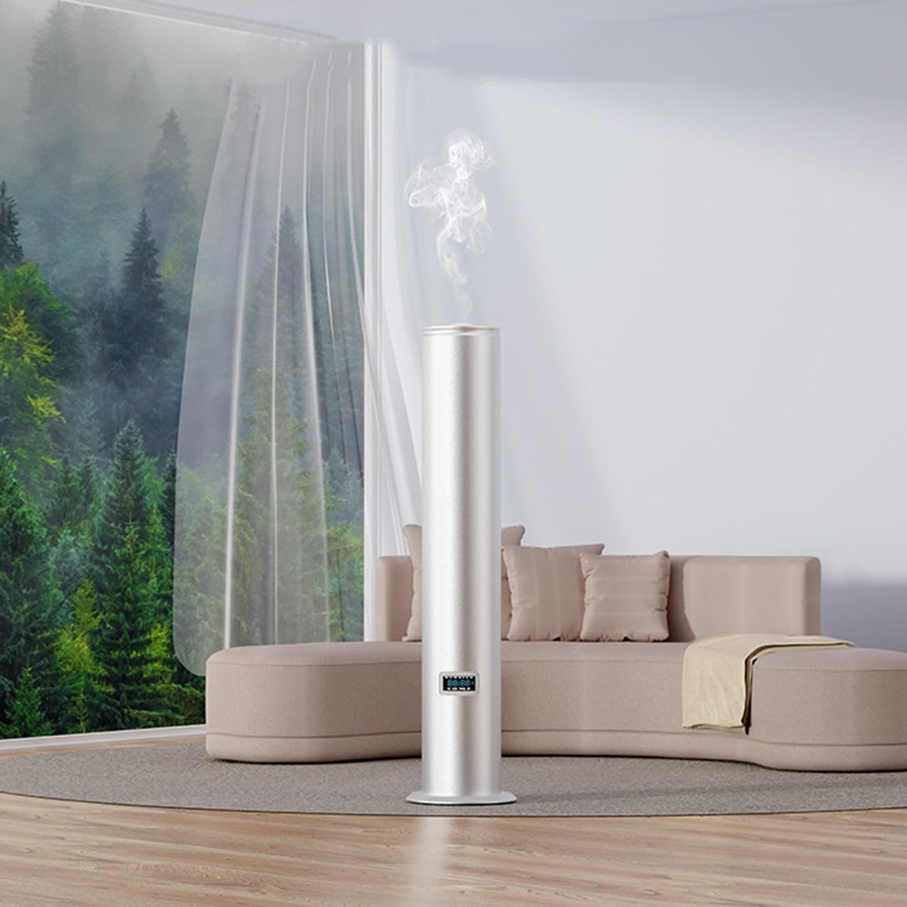 Diffusore di oli essenziali Bluetooth - Cilindrico da pavimento, atomizzazione del fluido, raggio di diffusione di 1500m³, bottiglia di olio da 500ml, lega di alluminio, per grandi uffici,hotel,Silver