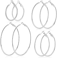 YINCUO 4 Pairs Hypoallergenic Stainless Steel Hoop Earrings Set 30/40/50/60mm Silver 14K Gold Plated Lightweight for Women