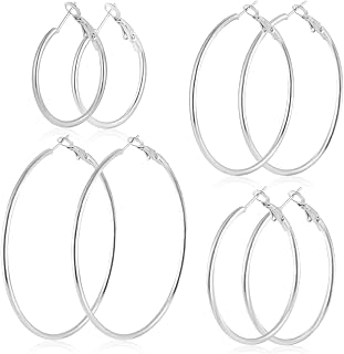 YINCUO 4 Pairs Hypoallergenic Stainless Steel Hoop Earrings Set 30/40/50/60mm Silver 14K Gold Plated Lightweight for Women