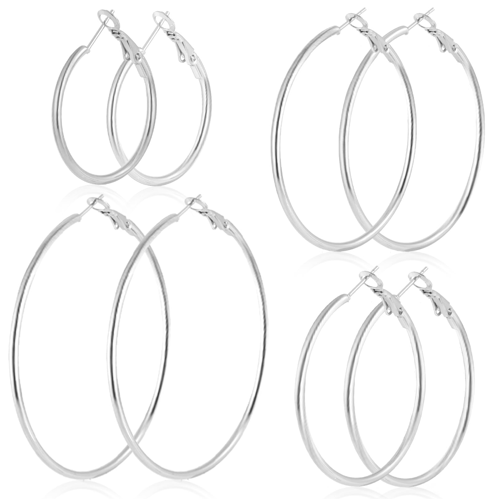 4 Pairs Stainless Steel 30/40/50/60 mm Silver 14K Gold Plated Hoop Earrings for Women Hypoallergenic Big Thin Lightweight Dangle Set 4 Pairs Silver-30/40/50/60mm
