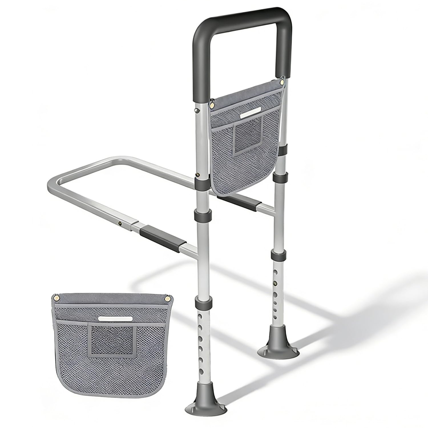Sponde Letto Anziani Anticaduta，Altezza Regolabile, Adatto Per Anziani e Persone Con Disabilità, Previene Le Cadute Notturne, Capacità Di Carico Di 150 Kg, Con Borsa Per Riporre, Colore Grigio
