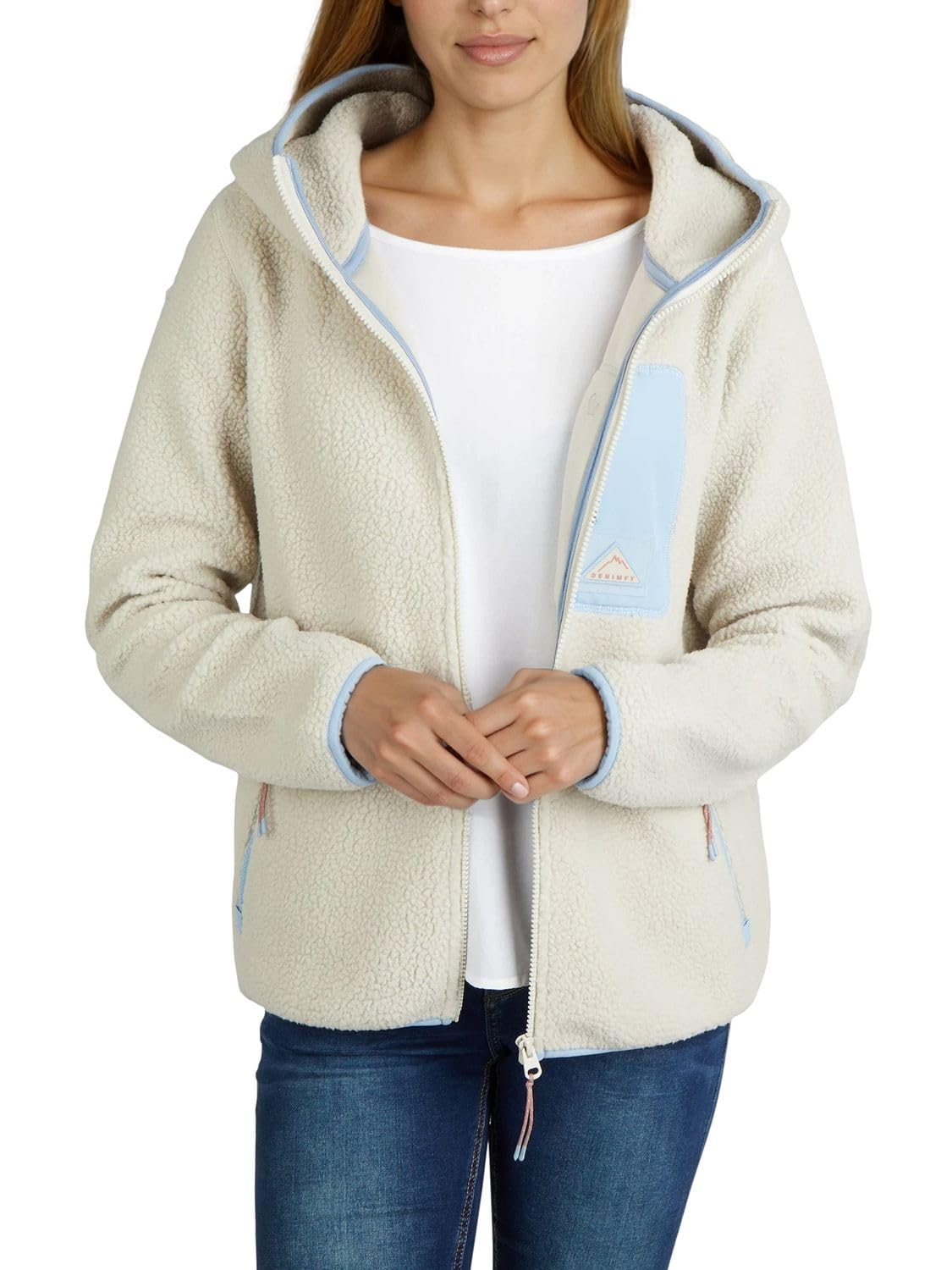 DENIMFY Fleecejacke Damen Regular Fit DFLea Teddyfleece Kapuzenjacke Winterjacke Übergangsjacke Stehkragen Navy Blau Beige Grün S M L XL XXL 3XL