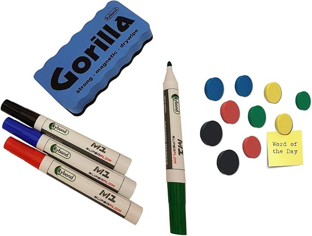 Magnetic Whiteboard Kit - Magnetic Drywipe Eraser 10 Strong Magnets, 4 Drywipe marker Black, Red, Blue, Green.