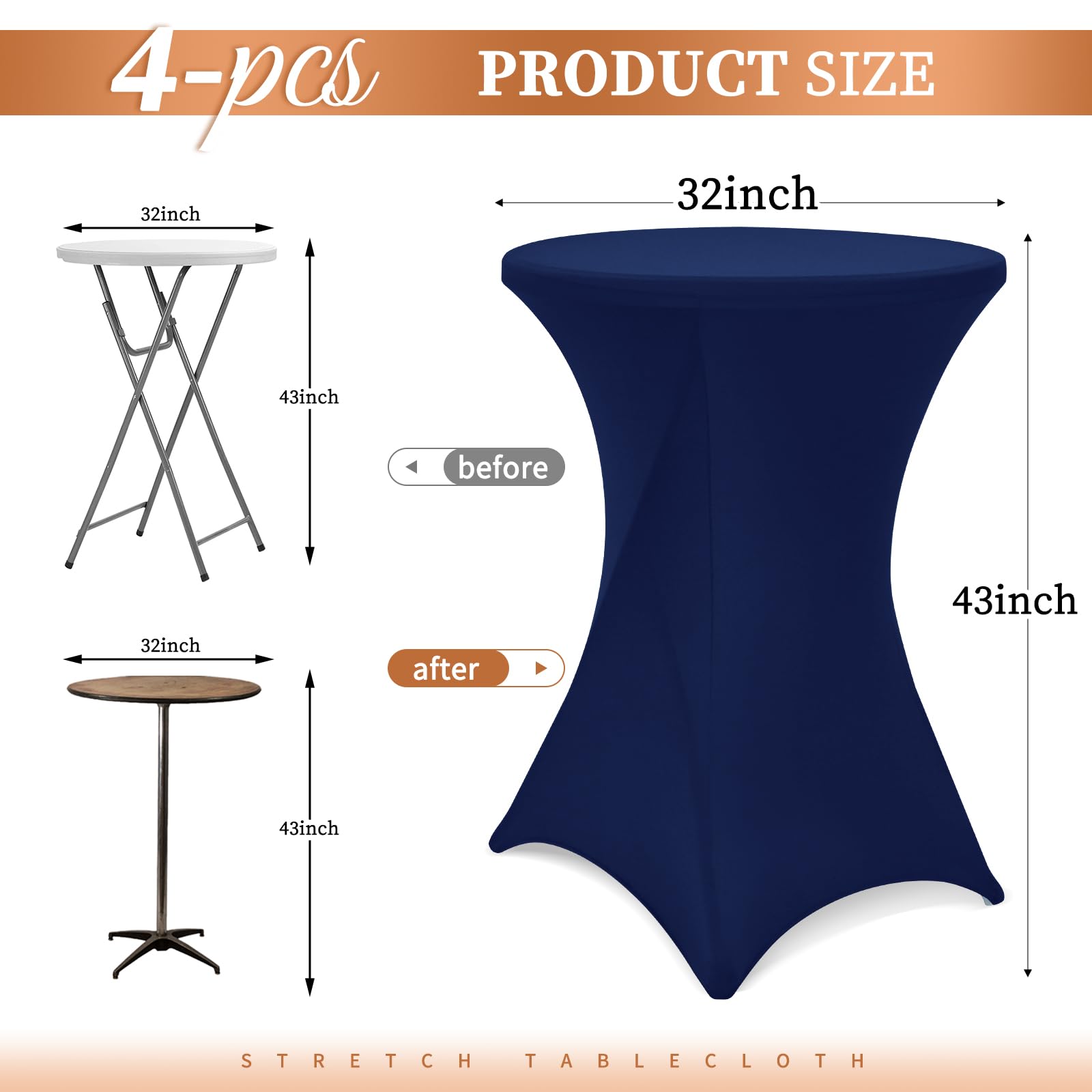 Showgeous Lot de 4 Housse pour Table Haute de Bistrot Ø 80-85 cm,Nappe Cocktail Ronde Blanc, Housse de Table de Cocktail Extensible en Spandex pour Table de Banquet de Cocktail de Mariage(Bleu Marine)