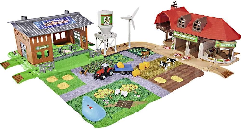 Majorette 212050009 Creatix Big Farm Farmyard Play Set with 3 Vehicles and 2 Anhägern, Tractor, Combine Harvester, Wooden Charger, Die Cast