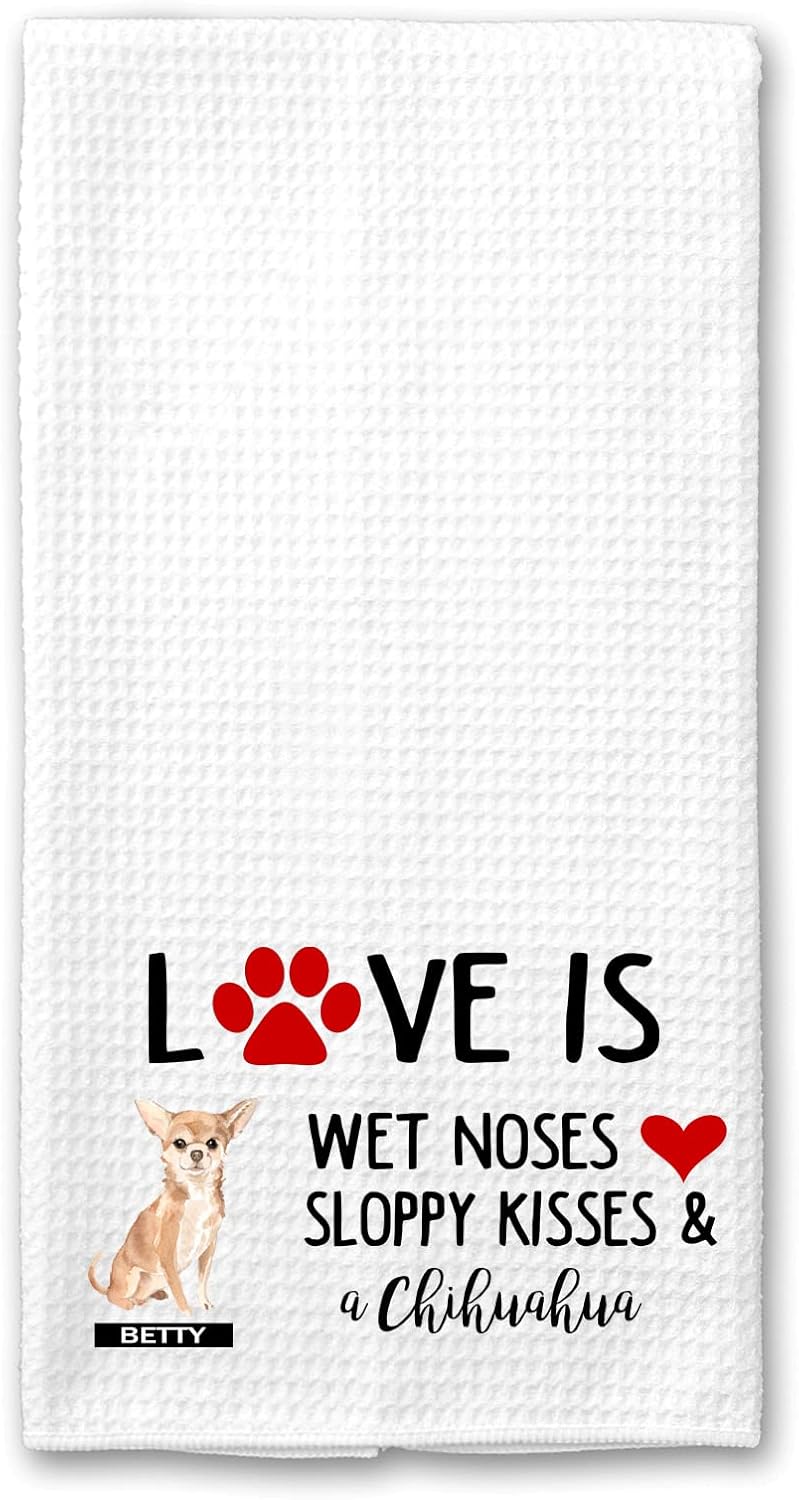 Studio 9Thirty3 Personalized Love is Wet Noses Sloppy Kisses and a Chihuahua Waffle Kitchen Towel - Valentine's Gift, Housewarming Gift, Dog Lover Gift