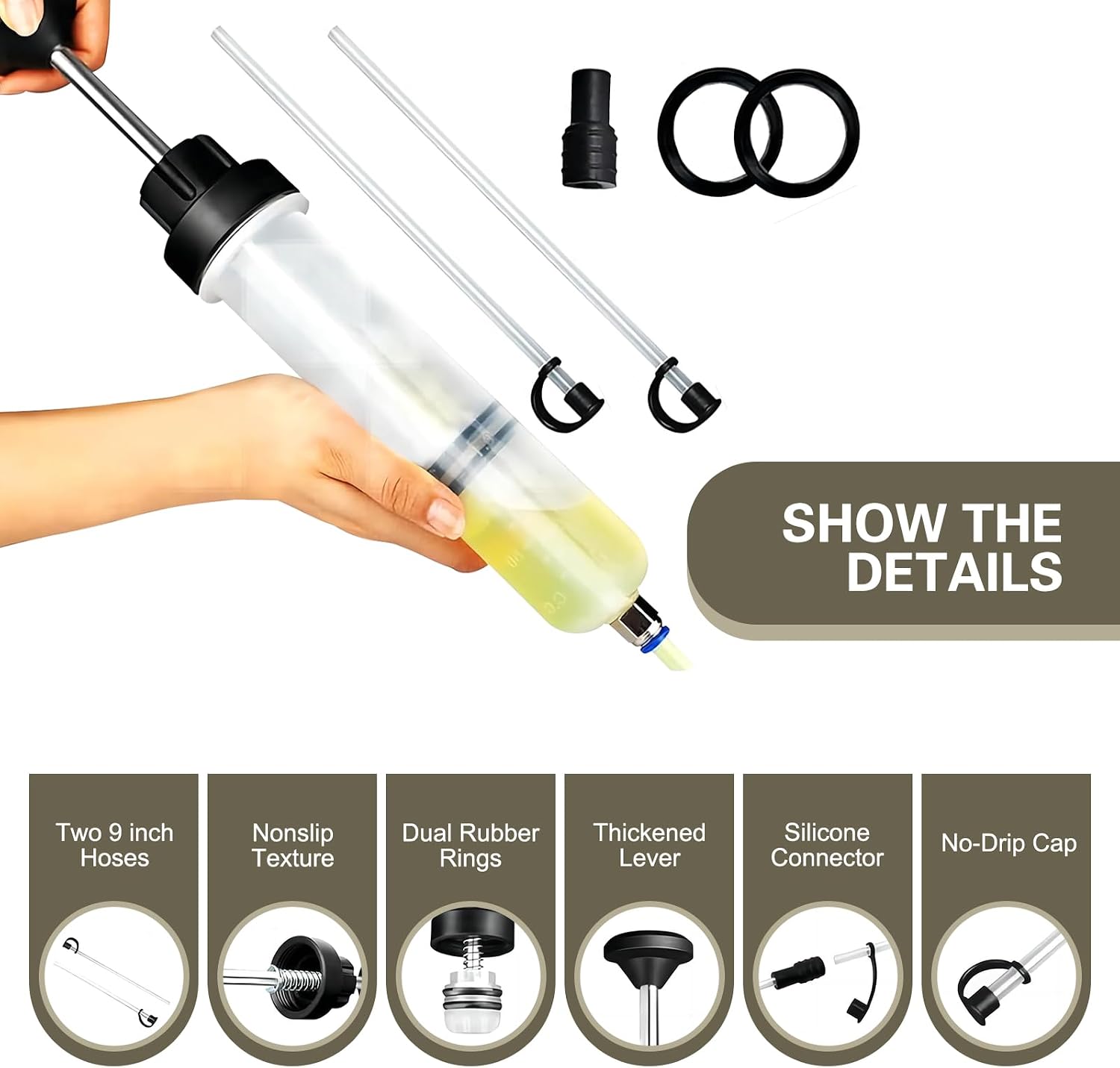 Power Steering Fluid Extractor, 200CC Manual Extraction Liquid Pump, Transmission Oil Suction Pump with 2 Hoses, Universal Oil Syringe for Most Cars (White)