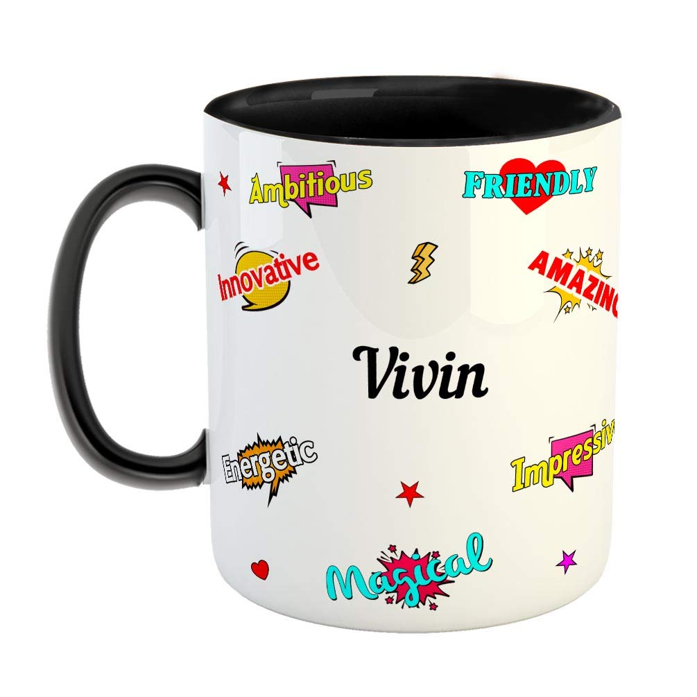 FurnishFantasy Ceramic Coffee Mug - Happy Birthday Gift, Gift for Kids, Return Gift - Black, Name - Vivin
