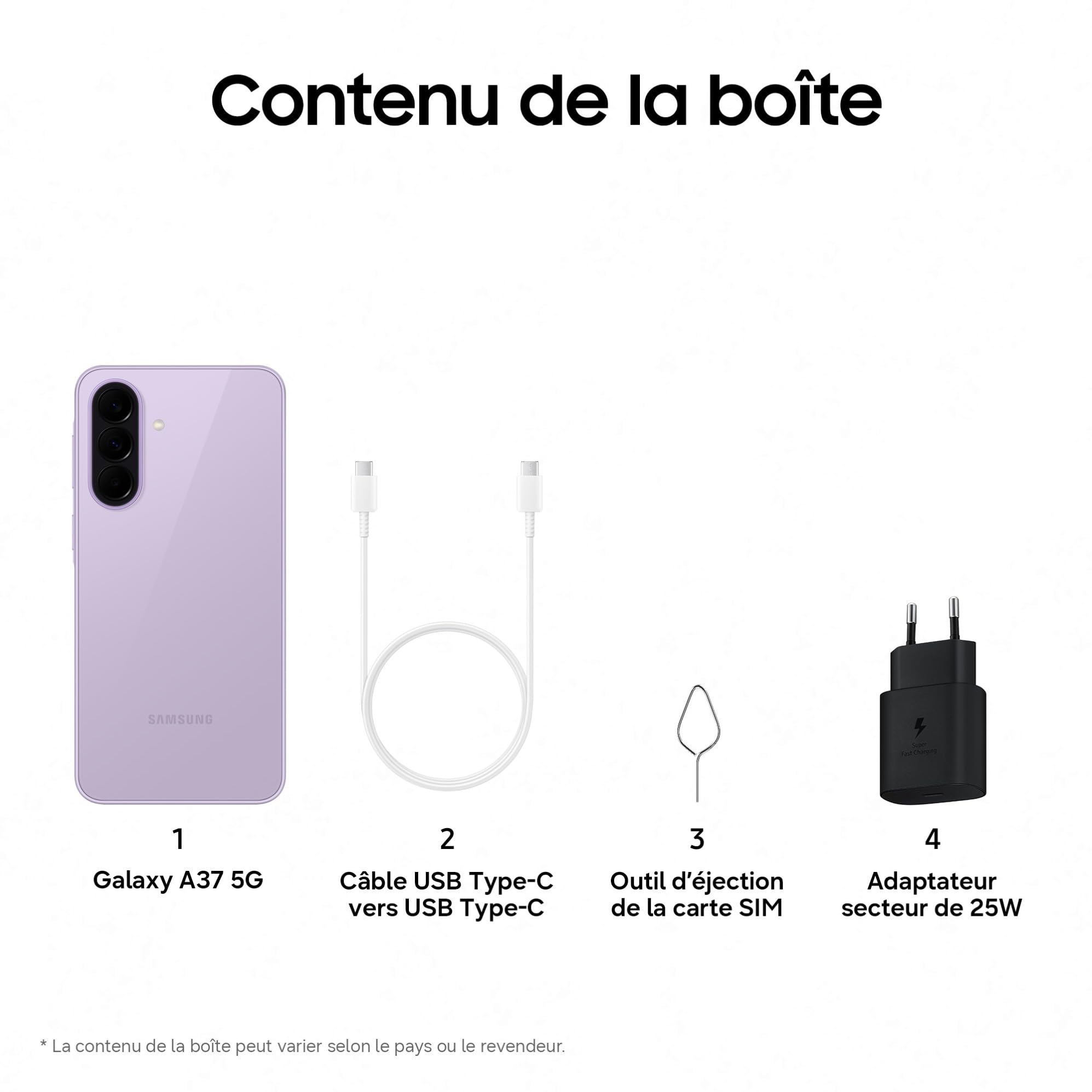 Samsung Galaxy A37 5G, Smartphone Android 5G avec l'IA accesible à Tous, 256 Go, RAM 8 Go, Chargeur Secteur Rapide 25W Inclus, Smartphone déverrouillé, Lavande, Version FR