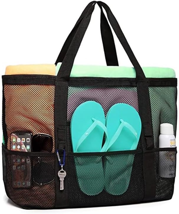Large Mesh Beach Bag, Lightweight & Foldable Beach Tote Bag with 8 Pockets for Beach Camping Pinicing Travel Holiday Organization