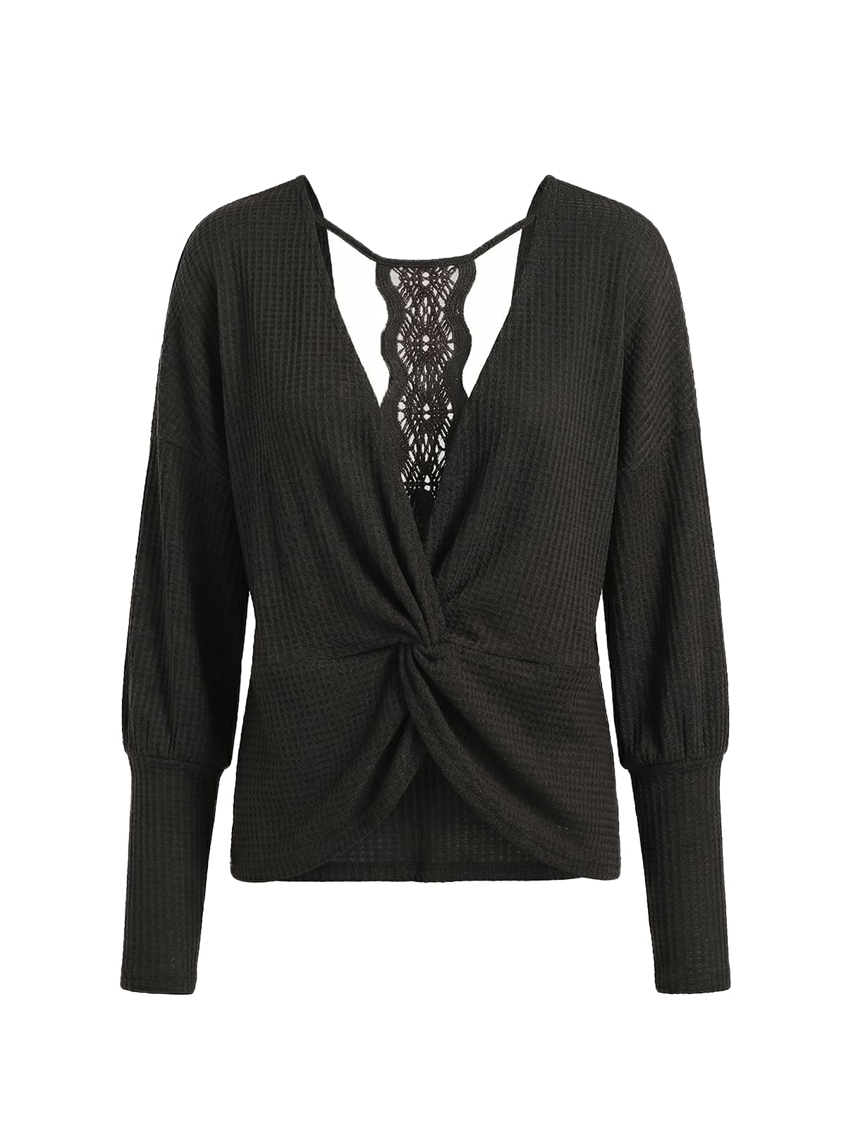 CUPSHE Womens Long Sleeve Crewneck Blouse Sexy Back Lace Ribbed Knit Tops