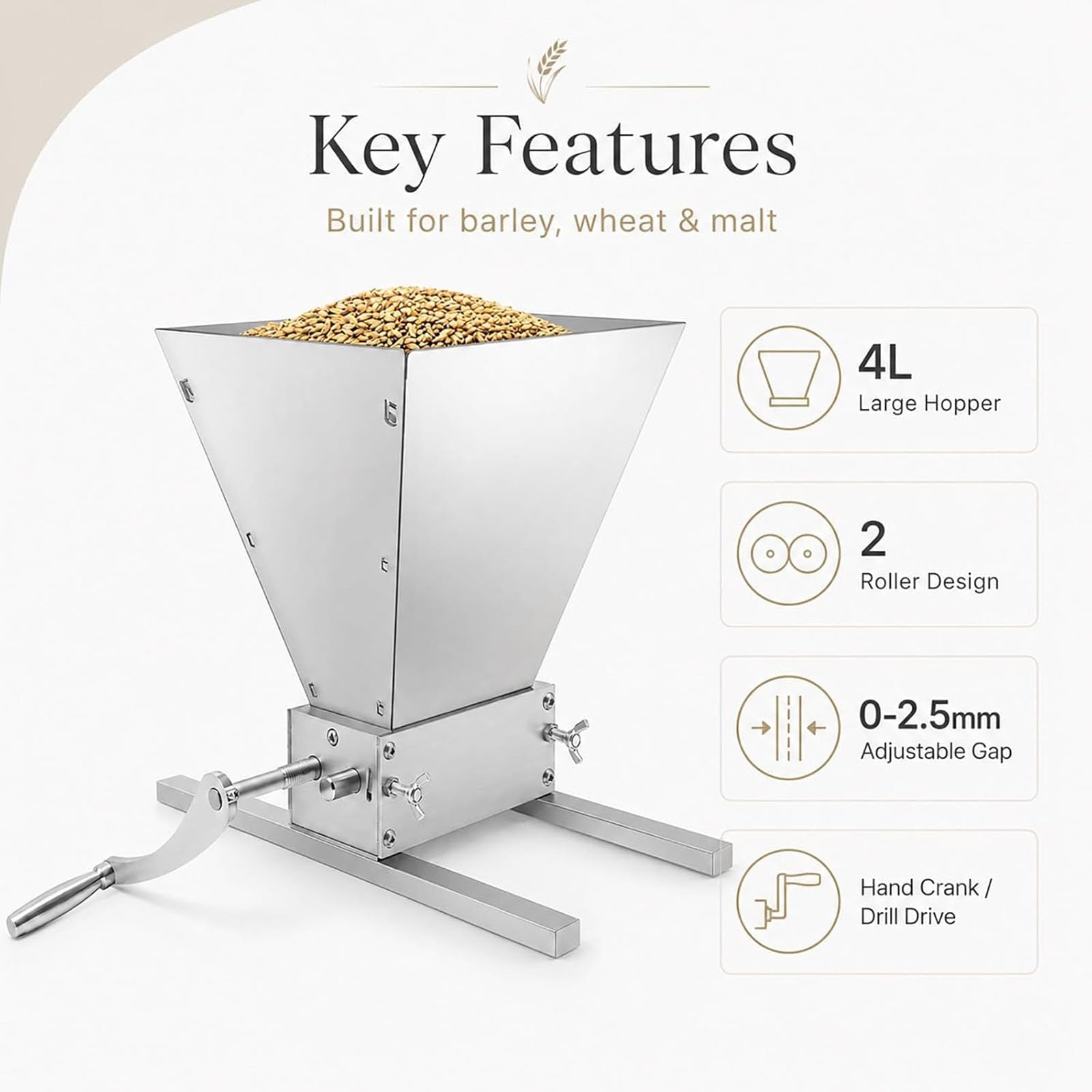 Broyeur à grains 4L, distance de rouleau réglable 0-2,5 mm