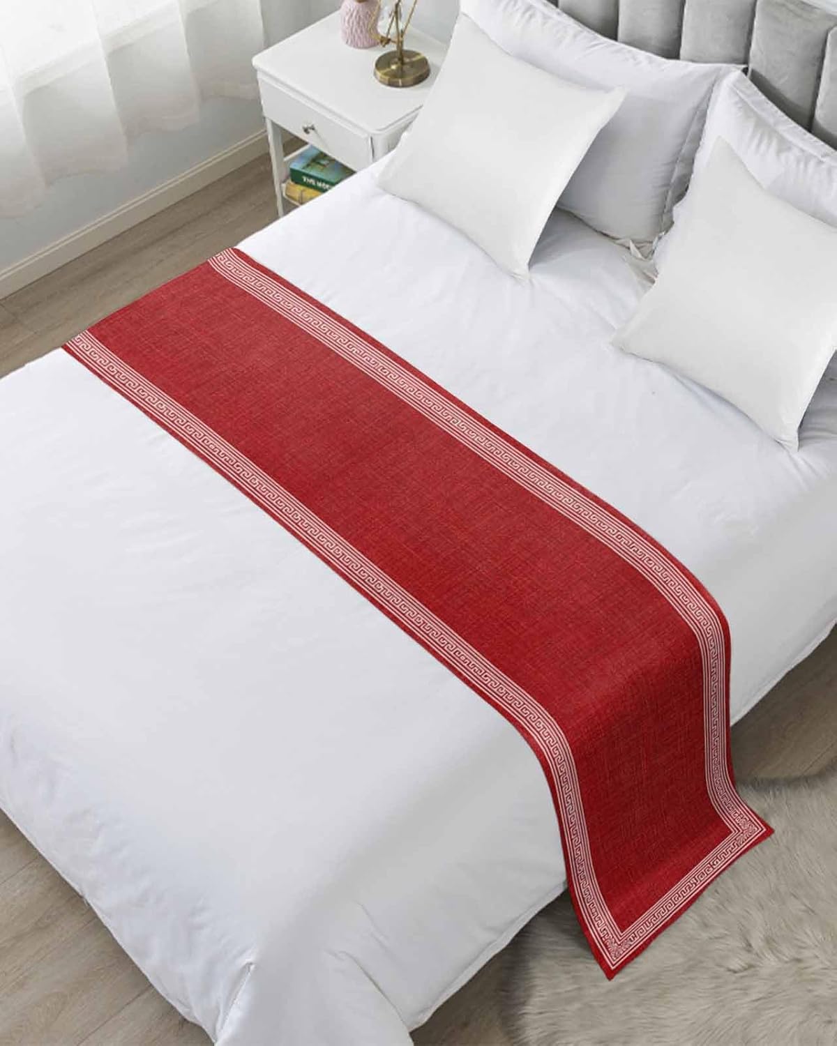 Warm Orange Retro Greek Key Bed Runner for King Size, Farmhouse Hotel Bed Scarf, Geometric Greece Ancient Farmhouse Decorative Beds Throws of Foot Bedding Runners & Scarves for Bedroom, 94 x 20 Inch