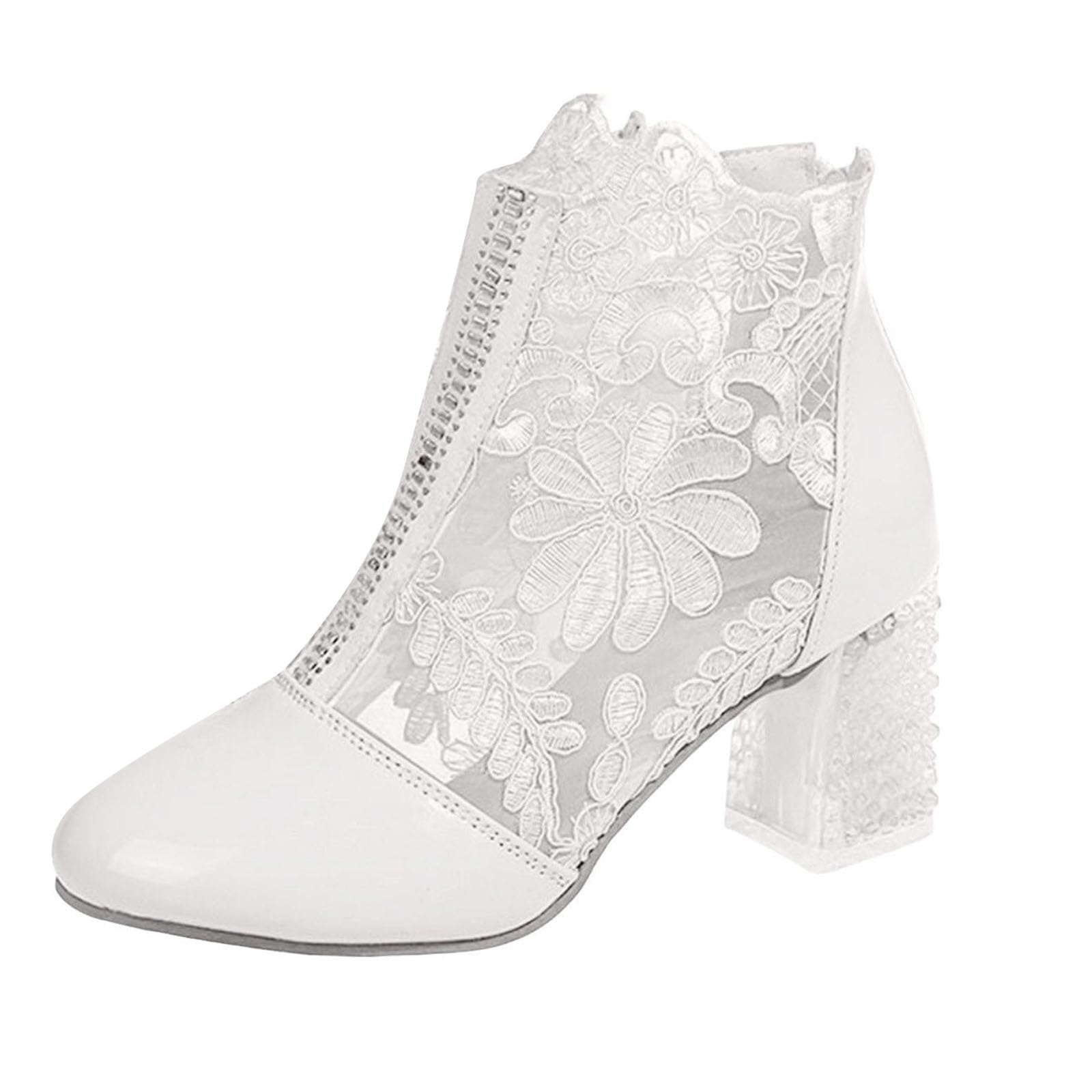 Ankle Boots Women's Short Shaft Boots Elegant Lace Flowers High Heels Mesh Rhinestone Evening Party Bridal Shoes Wedding Shoes Chic Ankle Boots