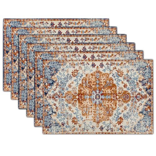 Image of Ethnic Boho Placemats Set of 6 Bohemian Carpet Vintage Orange Grey Floral Linen Washable Kitchen Dining Table Mats Stain Heat-Resistant Desktop Decor Place Mats for Home Party Indoor 12x18 in