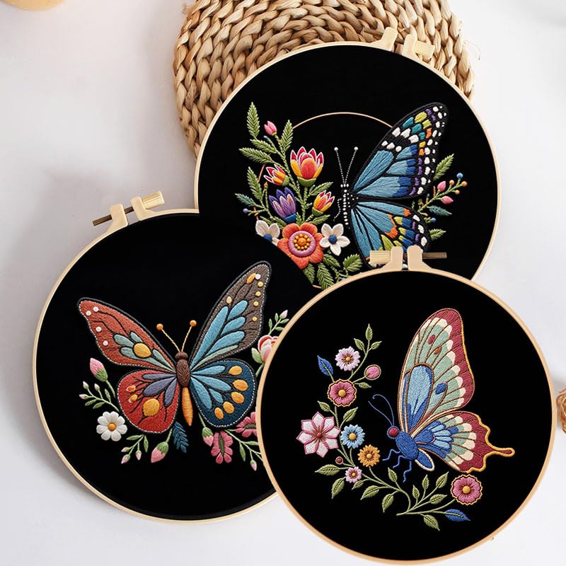 Image of Konrisa Flower Butterfly Embroidery Kits for Adults, Stamped Embroidery Starter Kit with Hoop,DIY Sewing Needlepoint Cross Stitch Kit, Set of 3