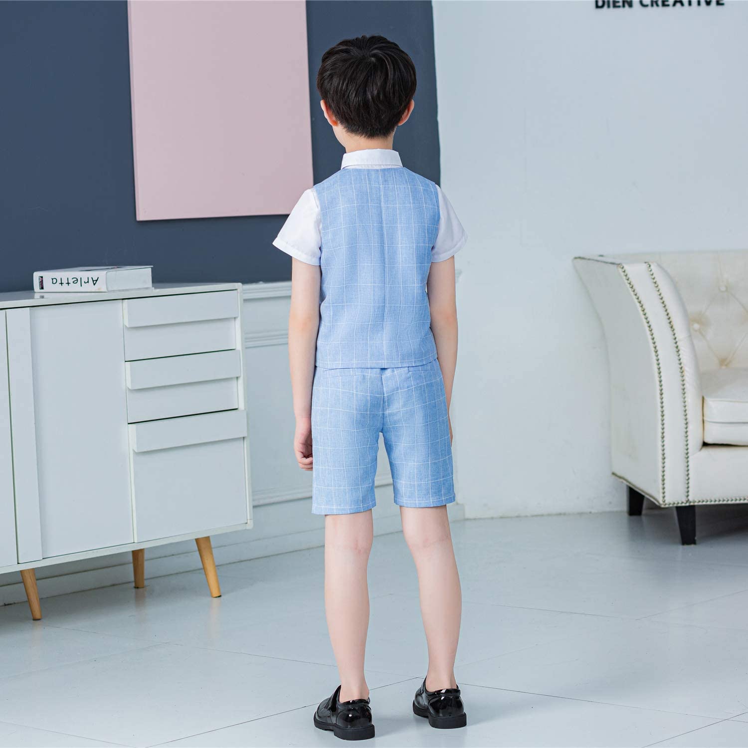 LOLANTA 4PZ Completo Cerimonia Bambino, Abito Bimbo Estivo con Gilet Pantalone Camicia e Papillon per 2-12 Anni
