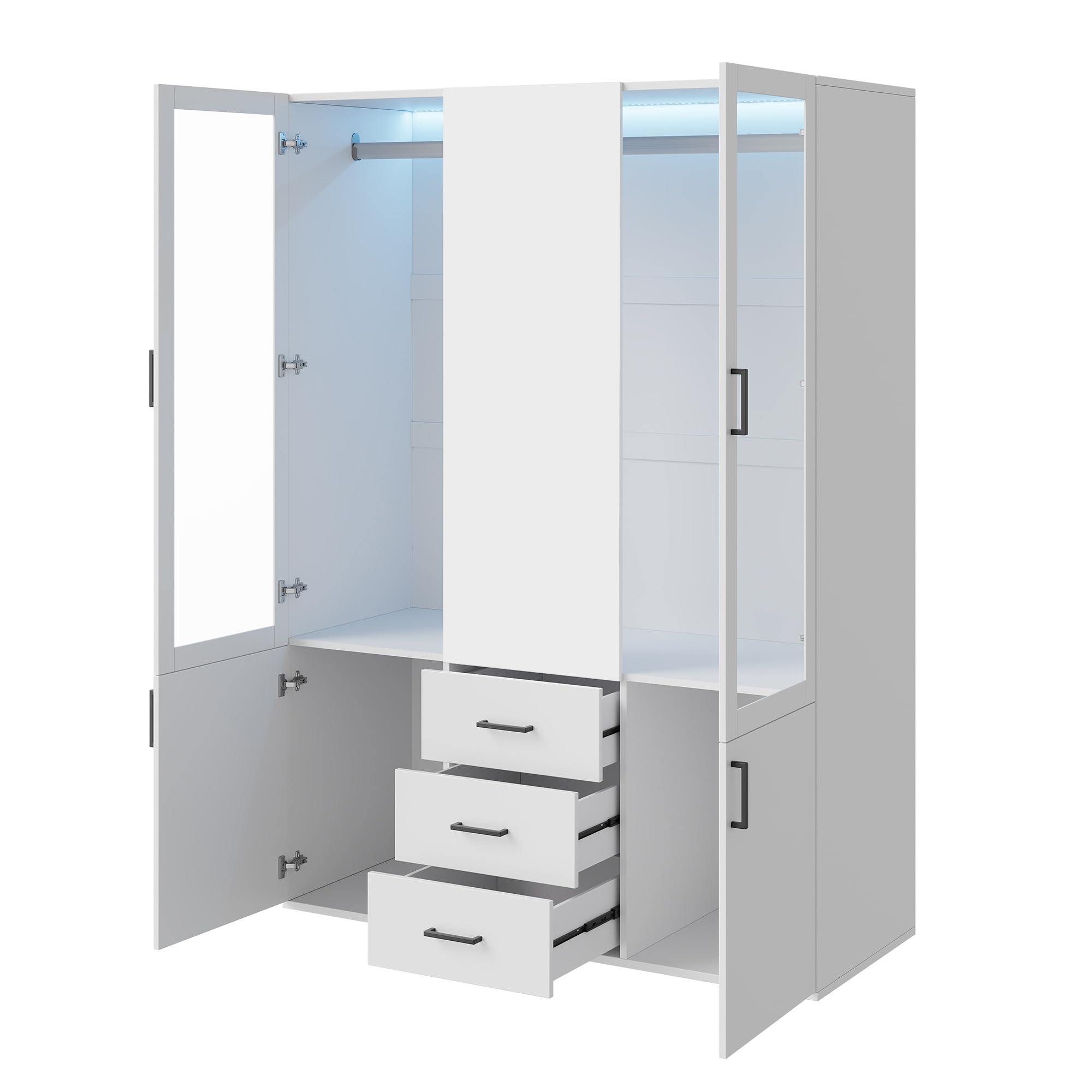 Armadio Guardaroba 4 Ante con 3 Cassetti e LED, Armadio Camera Da Letto Bianco, Mobile Con Appendiabiti, Armadio Moderno Salvaspazio, Armadio Guardaroba con Specchio